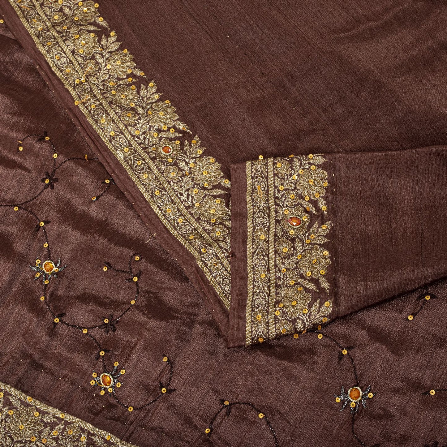 Sanskriti Vintage Saree Brown 100% Pure Silk Hand Embroidered-Woven Wedding Sari