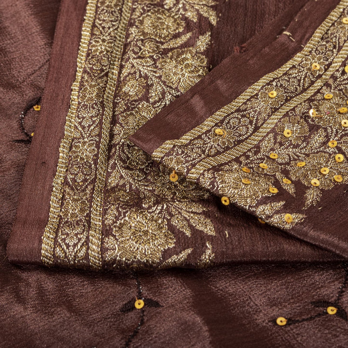 Sanskriti Vintage Saree Brown 100% Pure Silk Hand Embroidered-Woven Wedding Sari