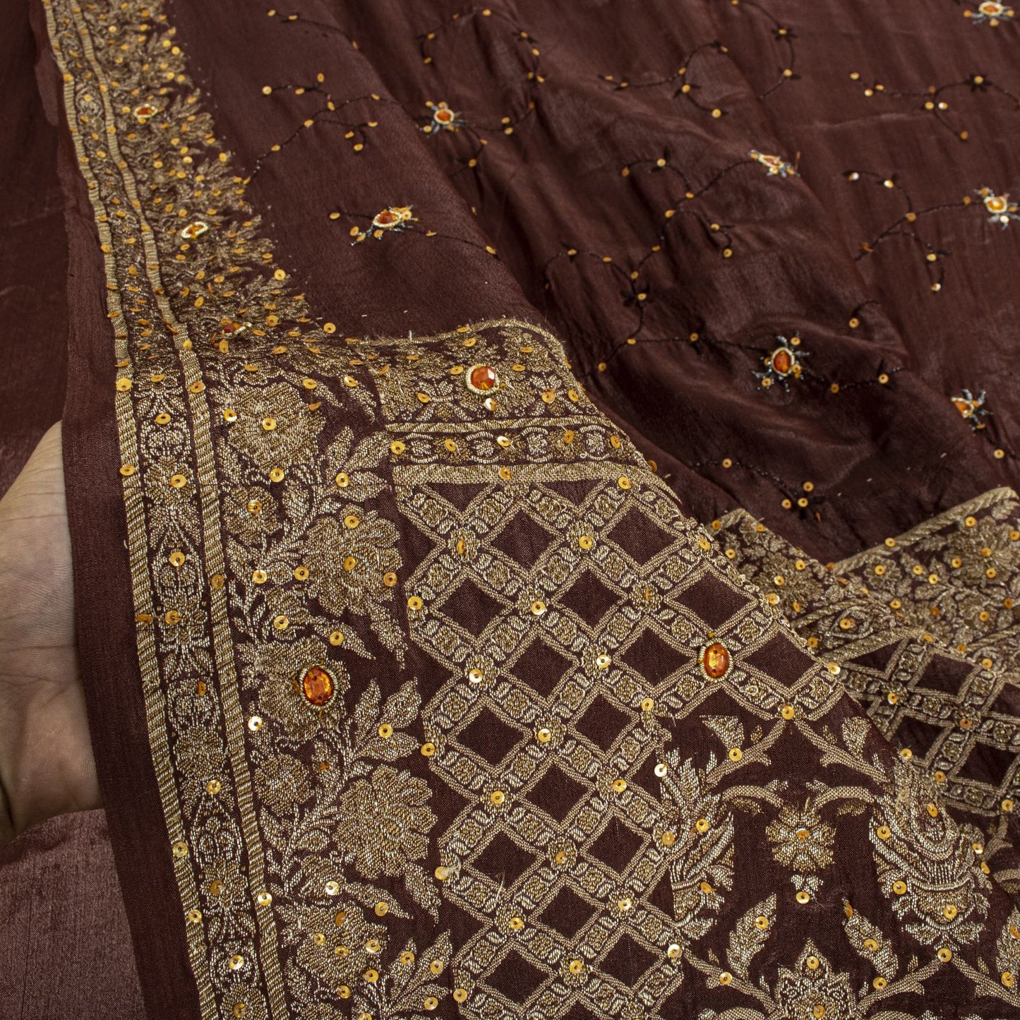 Sanskriti Vintage Saree Brown 100% Pure Silk Hand Embroidered-Woven Wedding Sari