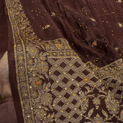 Sanskriti Vintage Saree Brown 100% Pure Silk Hand Embroidered-Woven Wedding Sari
