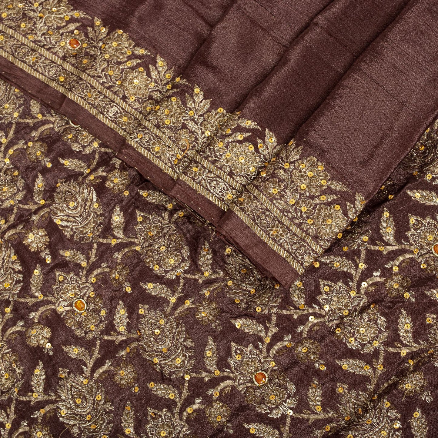Sanskriti Vintage Saree Brown 100% Pure Silk Hand Embroidered-Woven Wedding Sari