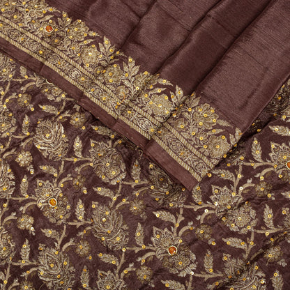 Sanskriti Vintage Saree Brown 100% Pure Silk Hand Embroidered-Woven Wedding Sari