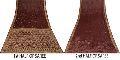 Sanskriti Vintage Saree Brown 100% Pure Silk Hand Embroidered-Woven Wedding Sari