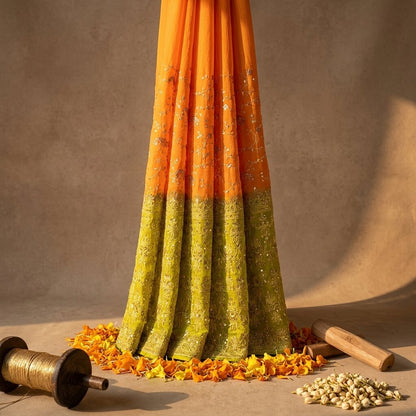 Sanskriti Vintage Saree Orange Pure Silk Hand Embroidery-Woven Fabric IndianSari