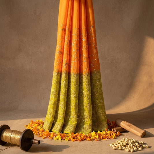 Sanskriti Vintage Saree Orange Pure Silk Hand Embroidery-Woven Fabric IndianSari