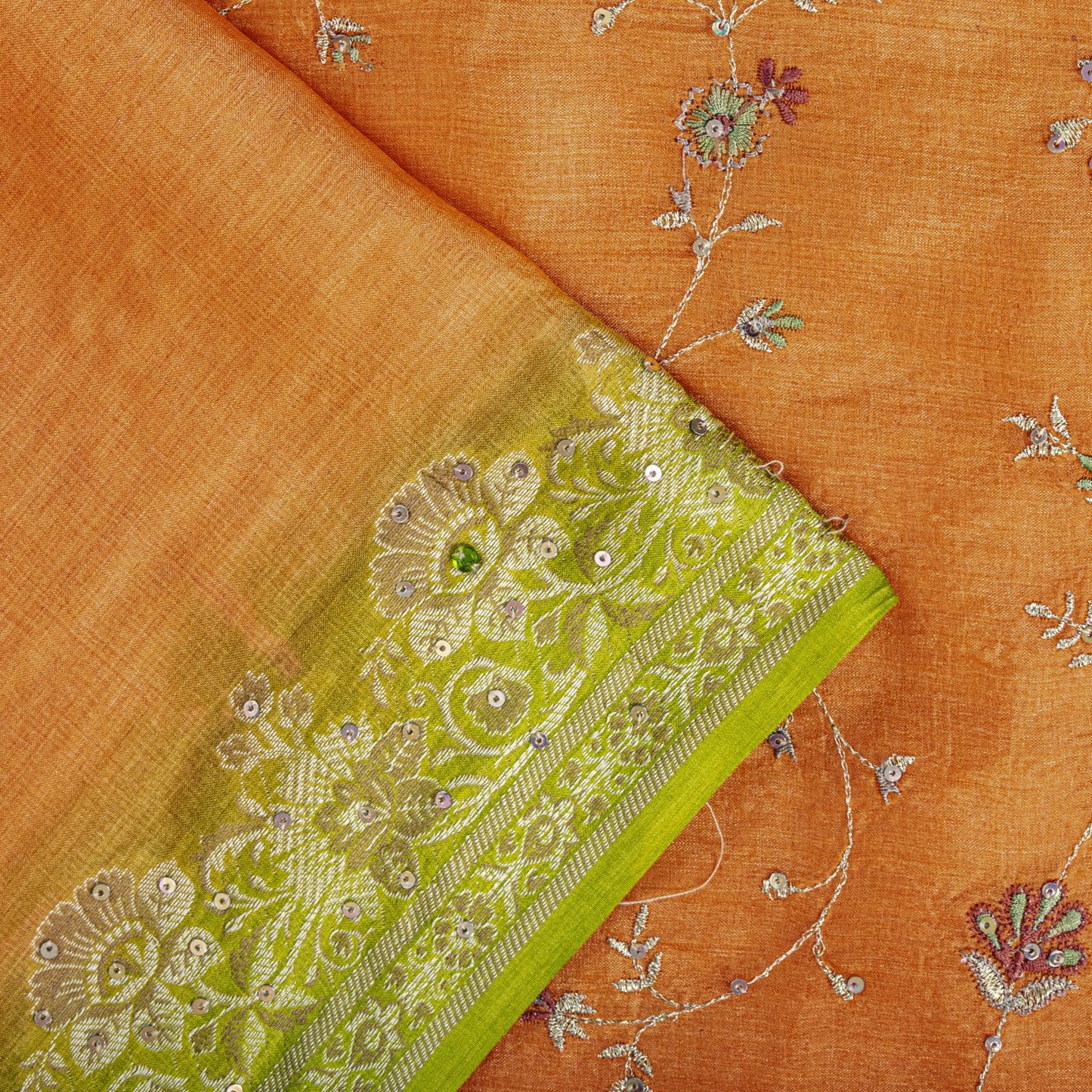 Sanskriti Vintage Saree Orange Pure Silk Hand Embroidery-Woven Fabric IndianSari