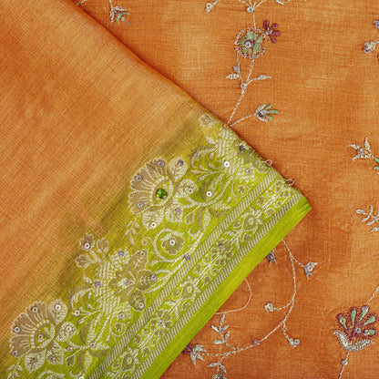 Sanskriti Vintage Saree Orange Pure Silk Hand Embroidery-Woven Fabric IndianSari