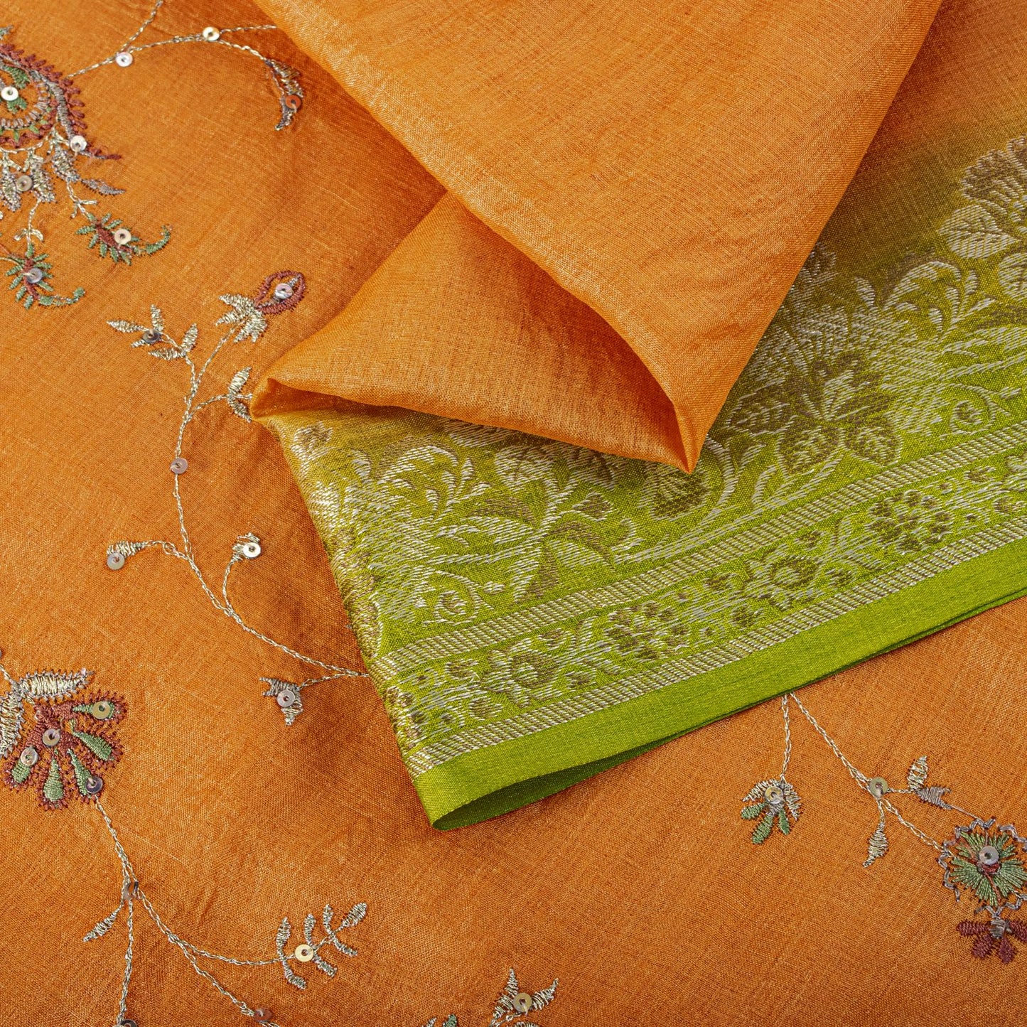 Sanskriti Vintage Saree Orange Pure Silk Hand Embroidery-Woven Fabric IndianSari