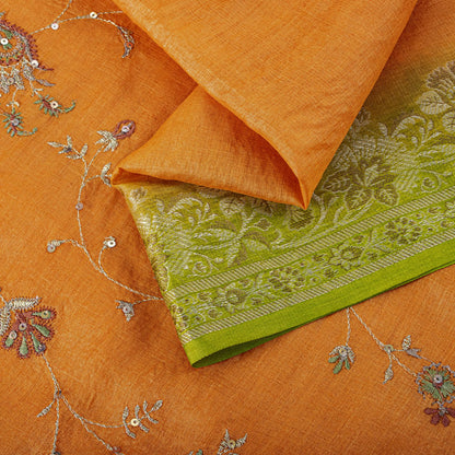 Sanskriti Vintage Saree Orange Pure Silk Hand Embroidery-Woven Fabric IndianSari
