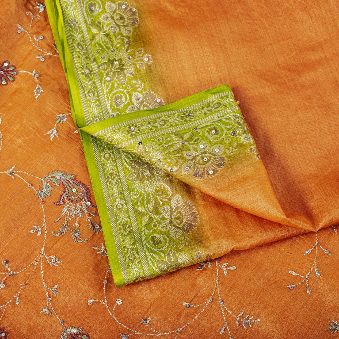 Sanskriti Vintage Saree Orange Pure Silk Hand Embroidery-Woven Fabric IndianSari
