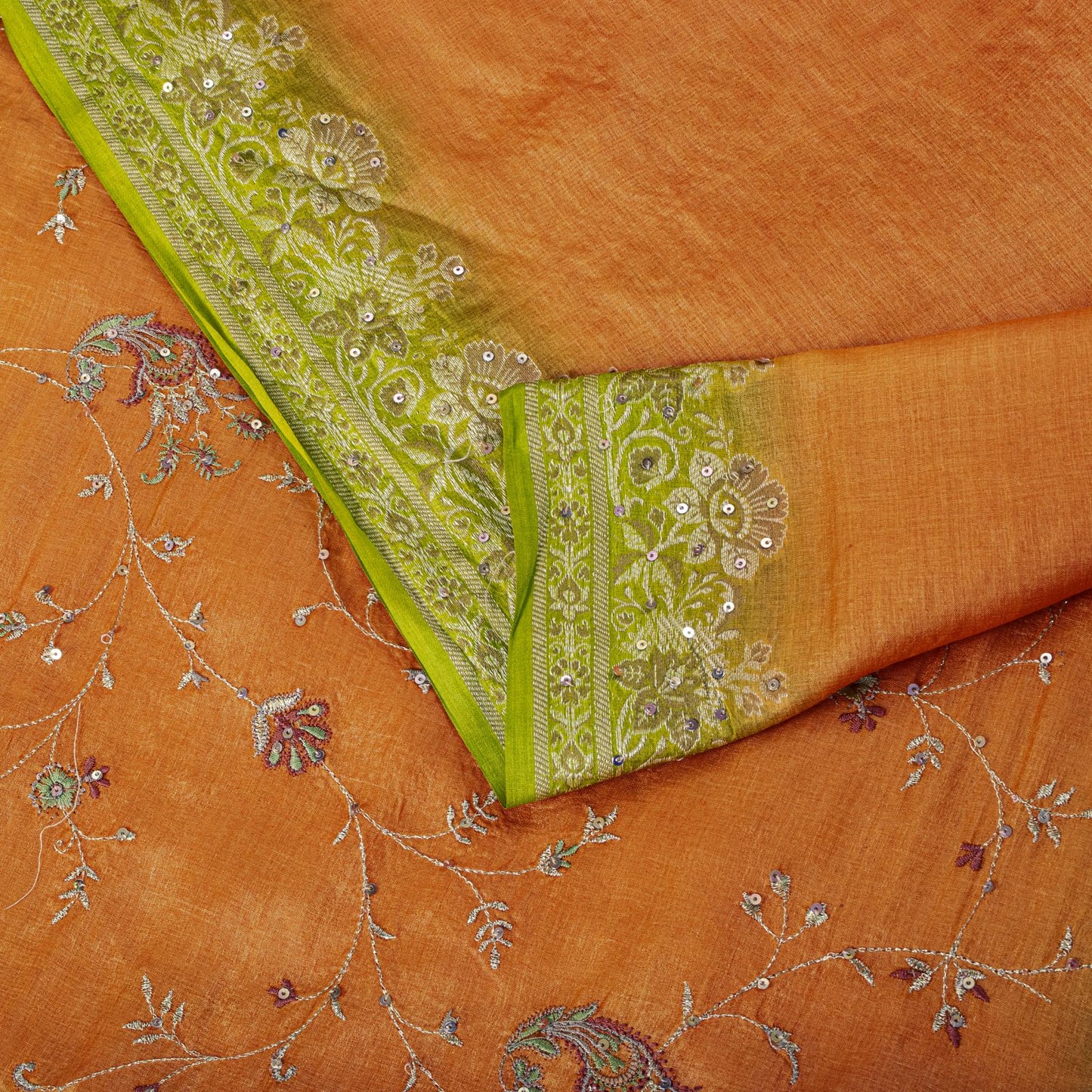 Sanskriti Vintage Saree Orange Pure Silk Hand Embroidery-Woven Fabric IndianSari