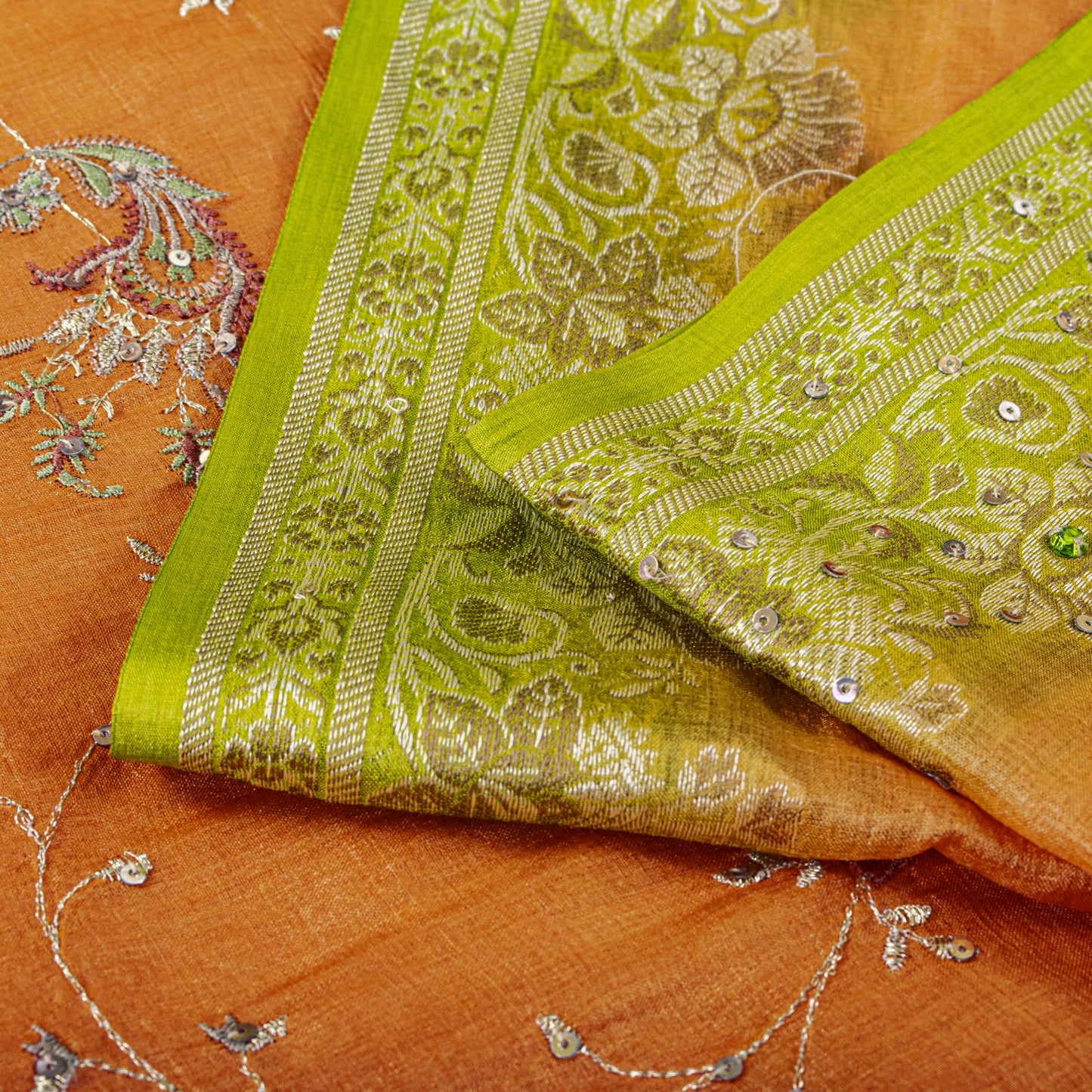 Sanskriti Vintage Saree Orange Pure Silk Hand Embroidery-Woven Fabric IndianSari
