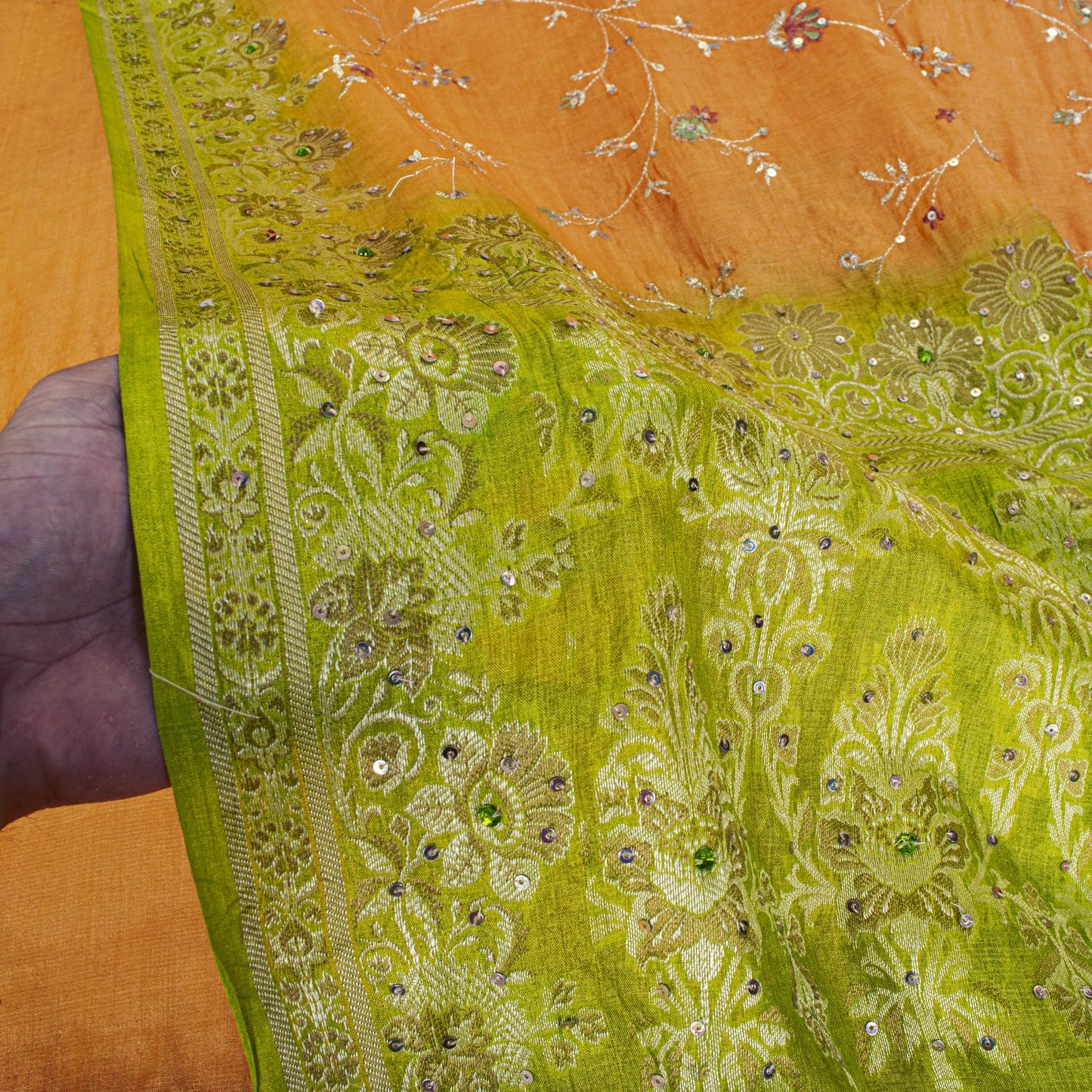 Sanskriti Vintage Saree Orange Pure Silk Hand Embroidery-Woven Fabric IndianSari