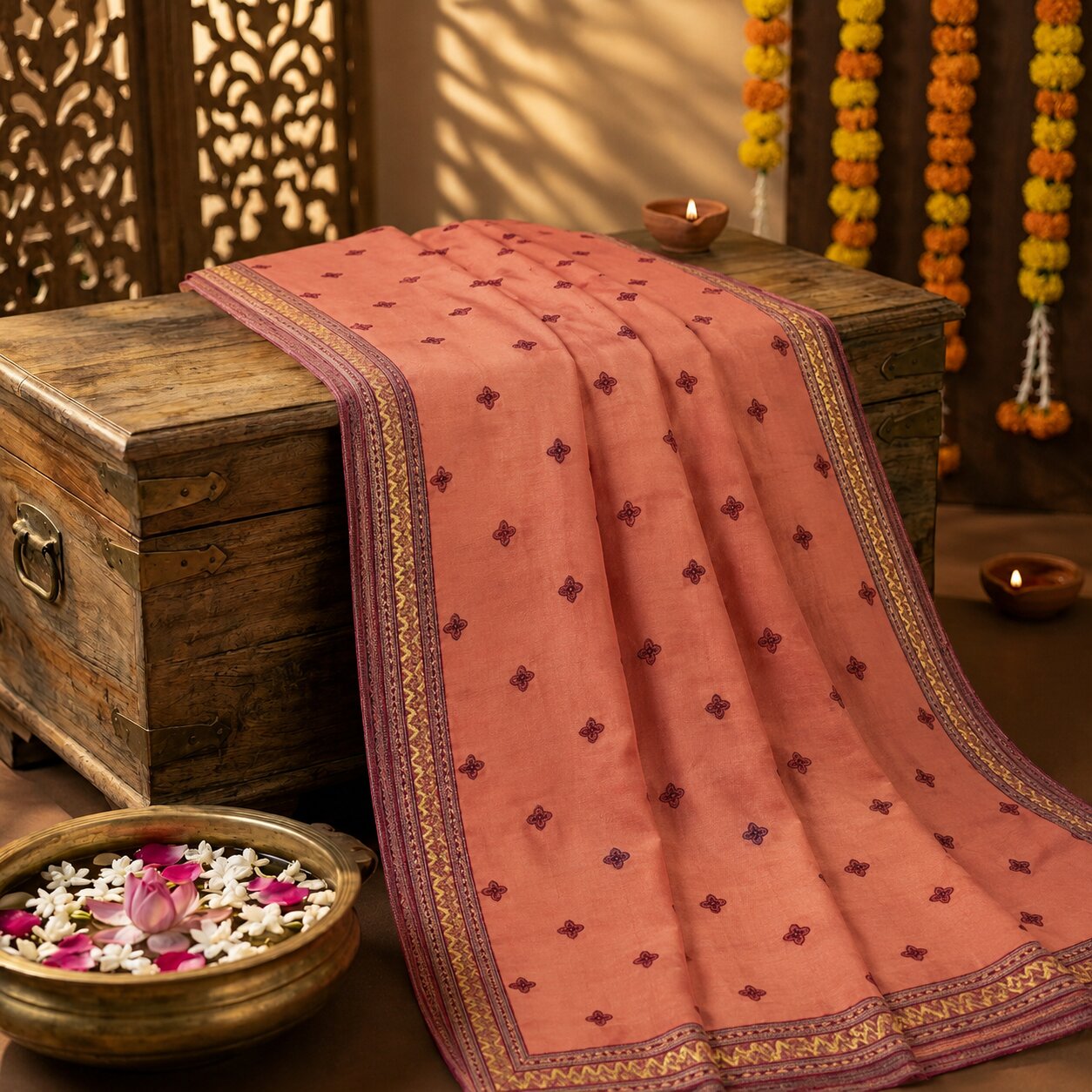 Sanskriti Vintage Saree Peach Pure Silk Embroidered Craft Fabric Wedding Sari