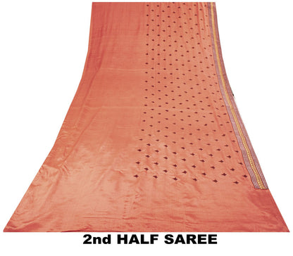 Sanskriti Vintage Saree Peach Pure Silk Embroidered Craft Fabric Wedding Sari