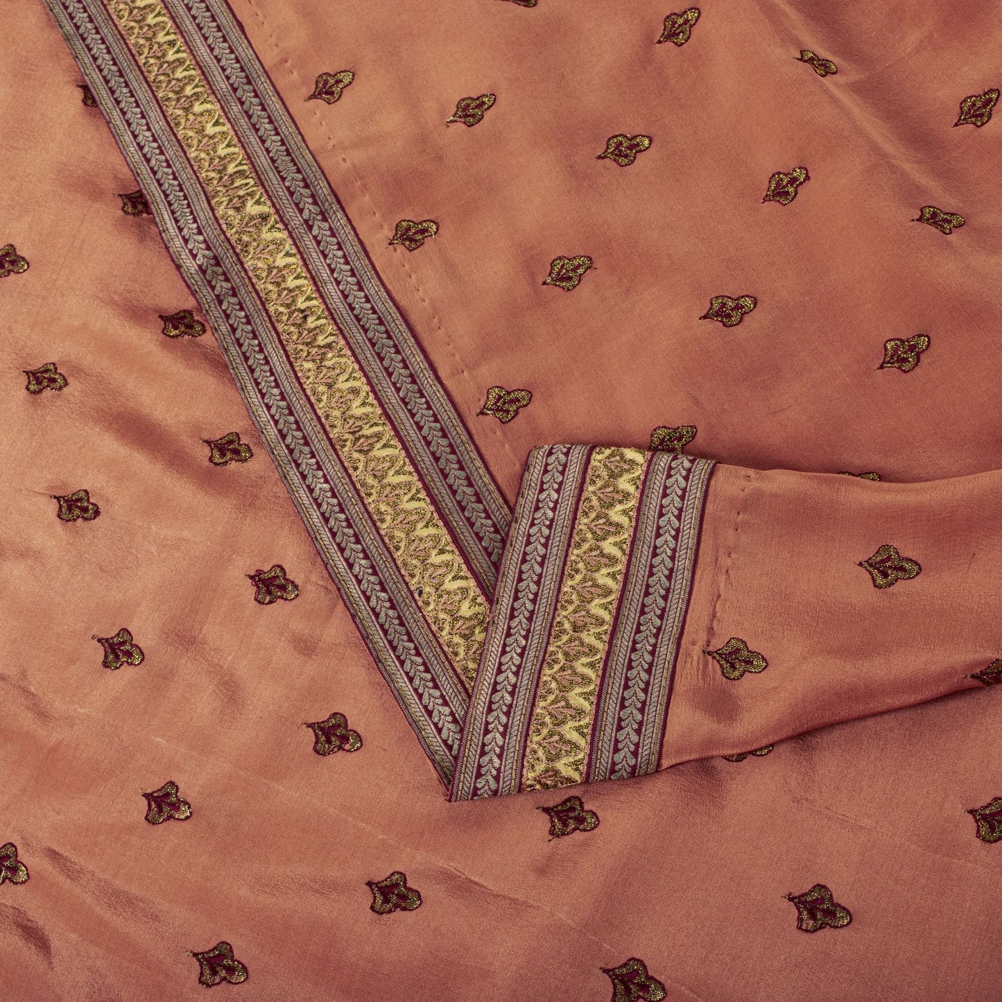 Sanskriti Vintage Saree Peach Pure Silk Embroidered Craft Fabric Wedding Sari
