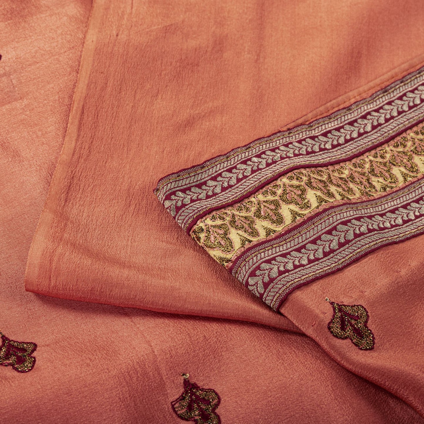Sanskriti Vintage Saree Peach Pure Silk Embroidered Craft Fabric Wedding Sari