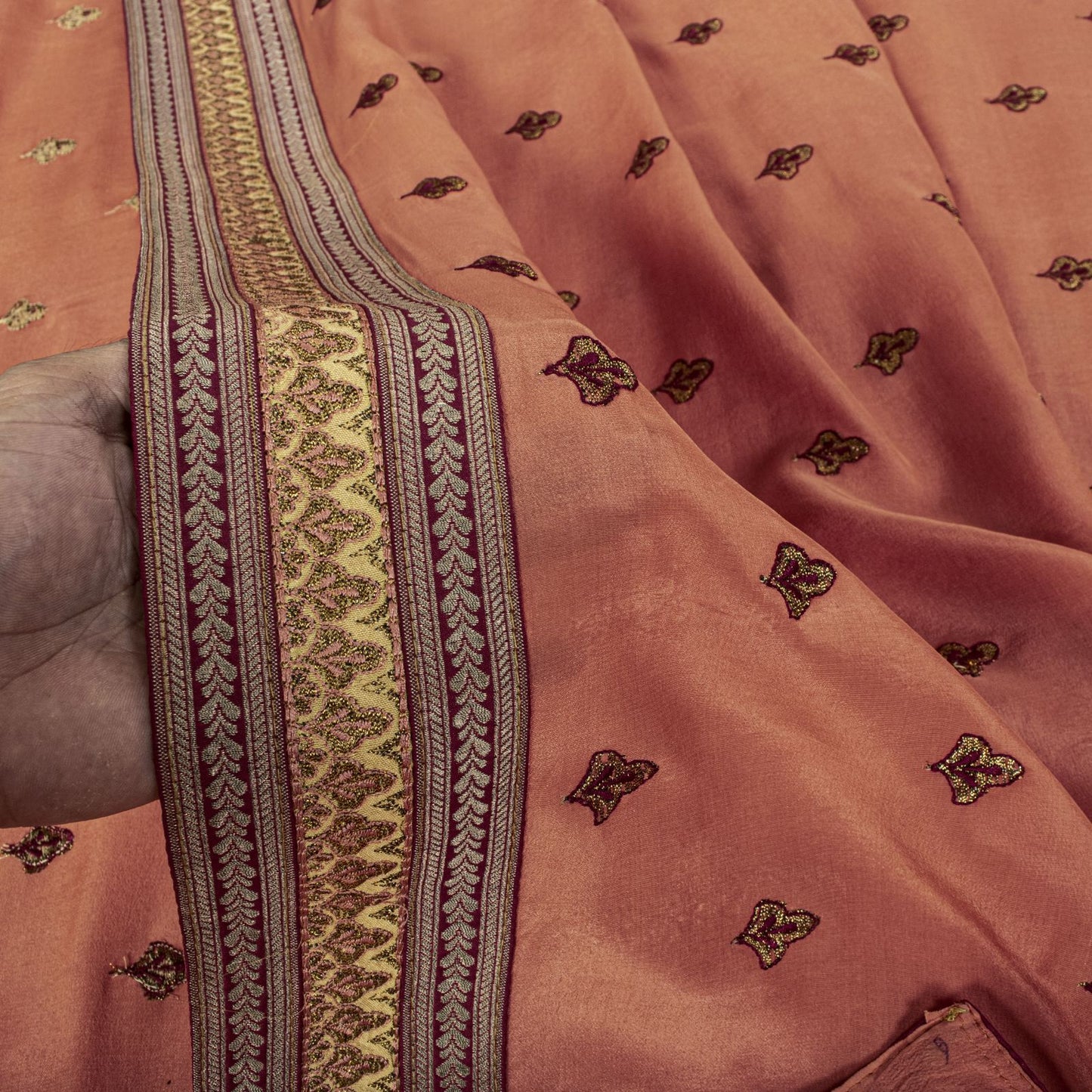 Sanskriti Vintage Saree Peach Pure Silk Embroidered Craft Fabric Wedding Sari