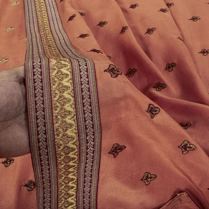 Sanskriti Vintage Saree Peach Pure Silk Embroidered Craft Fabric Wedding Sari
