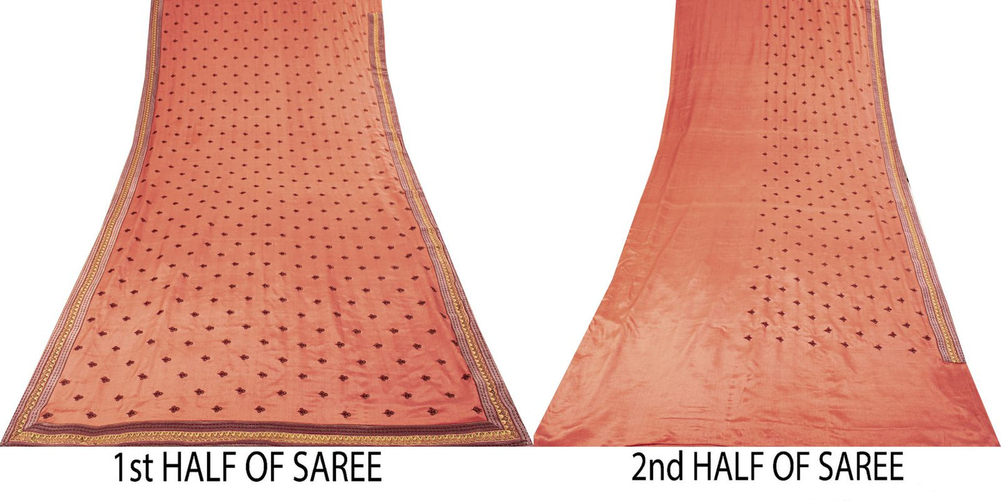 Sanskriti Vintage Saree Peach Pure Silk Embroidered Craft Fabric Wedding Sari