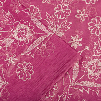 Sanskriti Vintage Saree Pink Pure Chiffon Embroidered Craft Fabric 6+Yard Sari