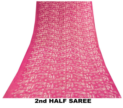 Sanskriti Vintage Saree Pink Pure Chiffon Embroidered Craft Fabric 6+Yard Sari