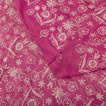 Sanskriti Vintage Saree Pink Pure Chiffon Embroidered Craft Fabric 6+Yard Sari