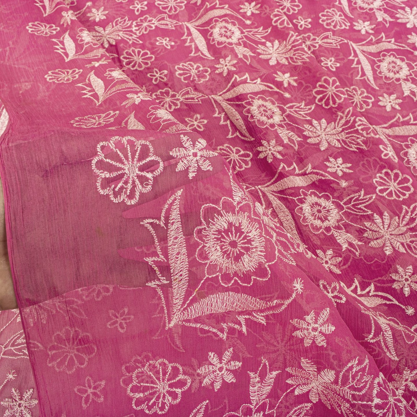 Sanskriti Vintage Saree Pink Pure Chiffon Embroidered Craft Fabric 6+Yard Sari