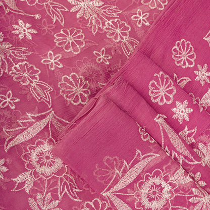 Sanskriti Vintage Saree Pink Pure Chiffon Embroidered Craft Fabric 6+Yard Sari