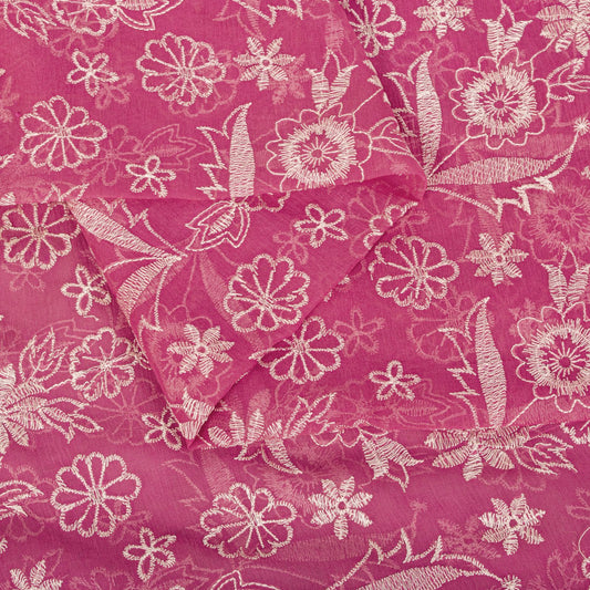 Sanskriti Vintage Saree Pink Pure Chiffon Embroidered Craft Fabric 6+Yard Sari