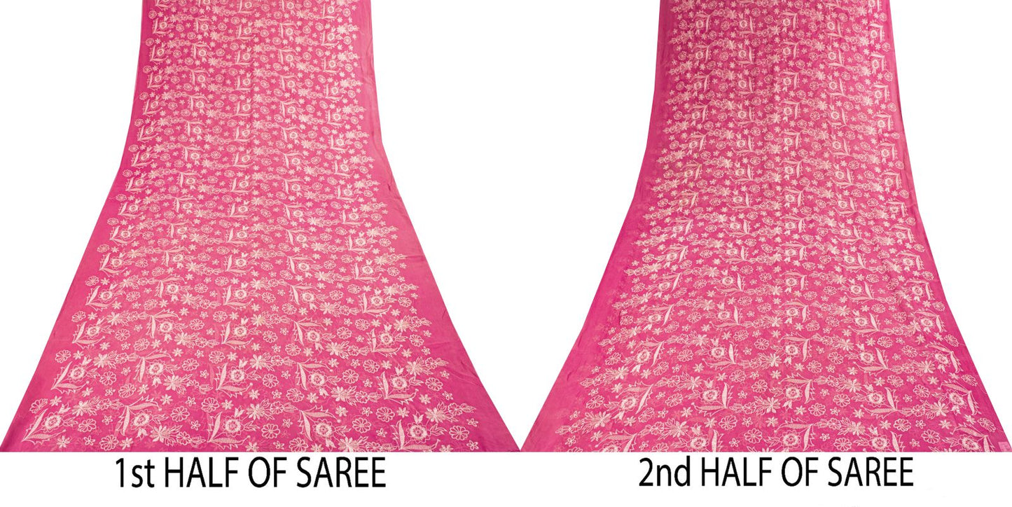 Sanskriti Vintage Saree Pink Pure Chiffon Embroidered Craft Fabric 6+Yard Sari