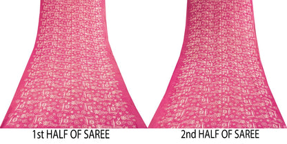 Sanskriti Vintage Saree Pink Pure Chiffon Embroidered Craft Fabric 6+Yard Sari