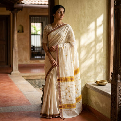 Sanskriti Vintage Saree White Blend Cotton Kasavu Hand Woven Fabric Kerala Sari