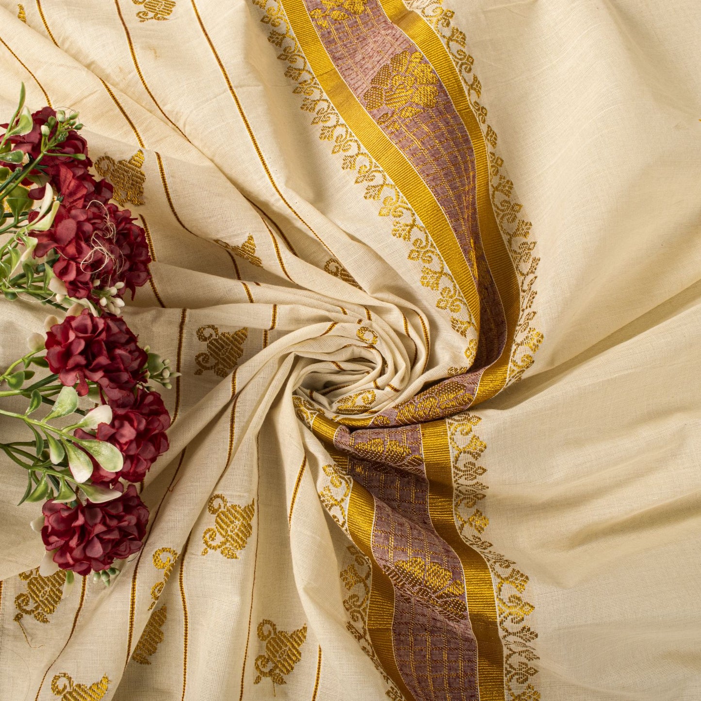 Sanskriti Vintage Saree White Blend Cotton Kasavu Hand Woven Fabric Kerala Sari