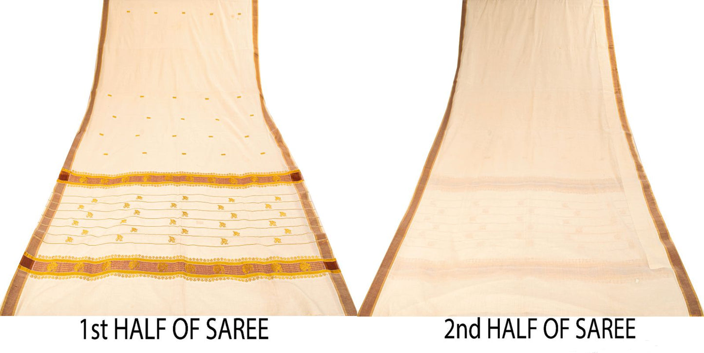 Sanskriti Vintage Saree White Blend Cotton Kasavu Hand Woven Fabric Kerala Sari