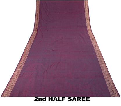 Sanskriti Vintage Saree Purple Blend Cotton Hand Woven Baluchari Fabric 5YD Sari