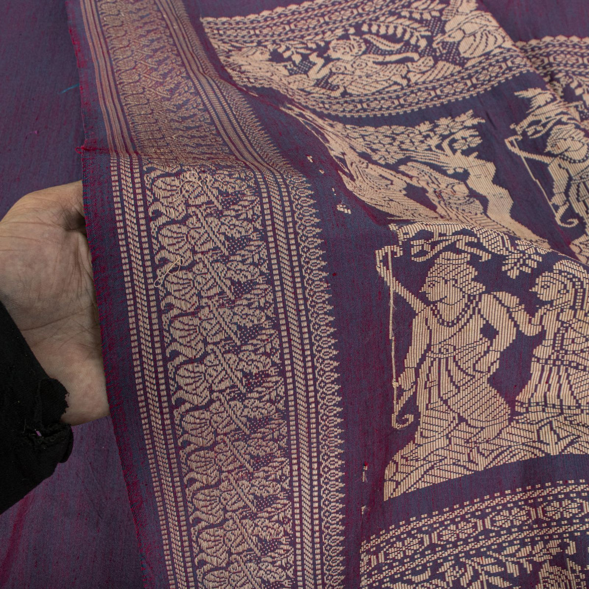 Sanskriti Vintage Saree Purple Blend Cotton Hand Woven Baluchari Fabric 5YD Sari
