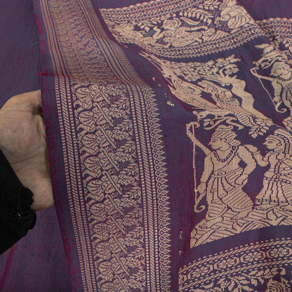 Sanskriti Vintage Saree Purple Blend Cotton Hand Woven Baluchari Fabric 5YD Sari
