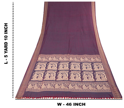 Sanskriti Vintage Saree Purple Blend Cotton Hand Woven Baluchari Fabric 5YD Sari