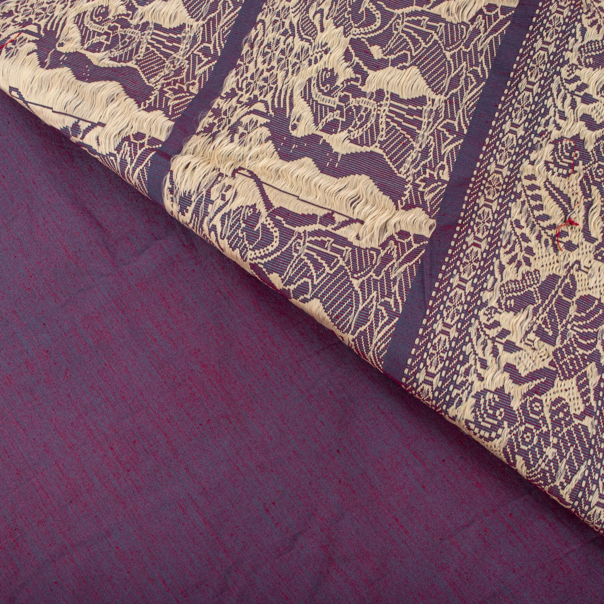 Sanskriti Vintage Saree Purple Blend Cotton Hand Woven Baluchari Fabric 5YD Sari