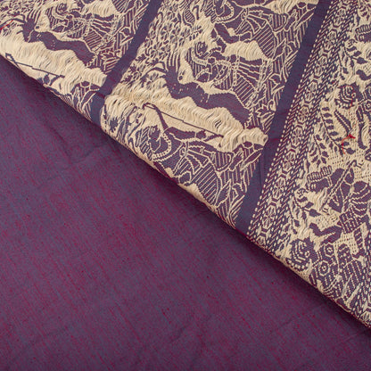 Sanskriti Vintage Saree Purple Blend Cotton Hand Woven Baluchari Fabric 5YD Sari