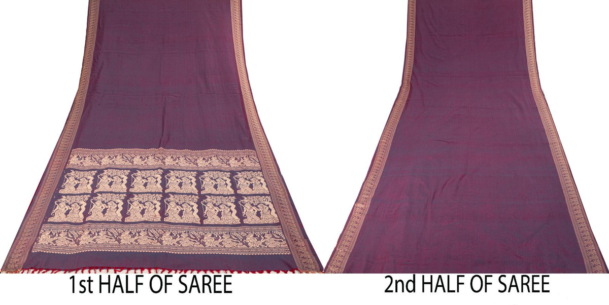 Sanskriti Vintage Saree Purple Blend Cotton Hand Woven Baluchari Fabric 5YD Sari