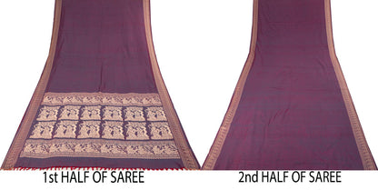 Sanskriti Vintage Saree Purple Blend Cotton Hand Woven Baluchari Fabric 5YD Sari