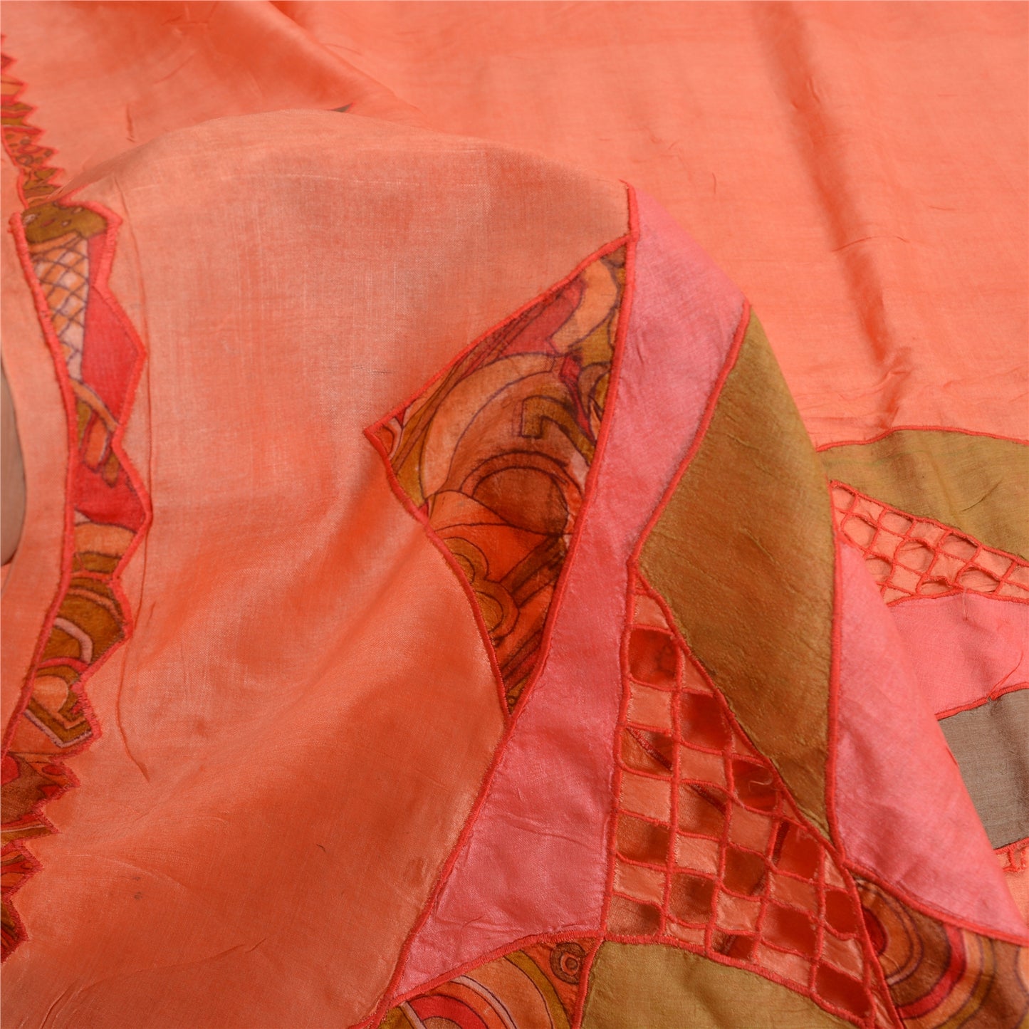 Sanskriti Vintage Peach Indian Saree Pure Silk Embroidered Craft Fabric Sari