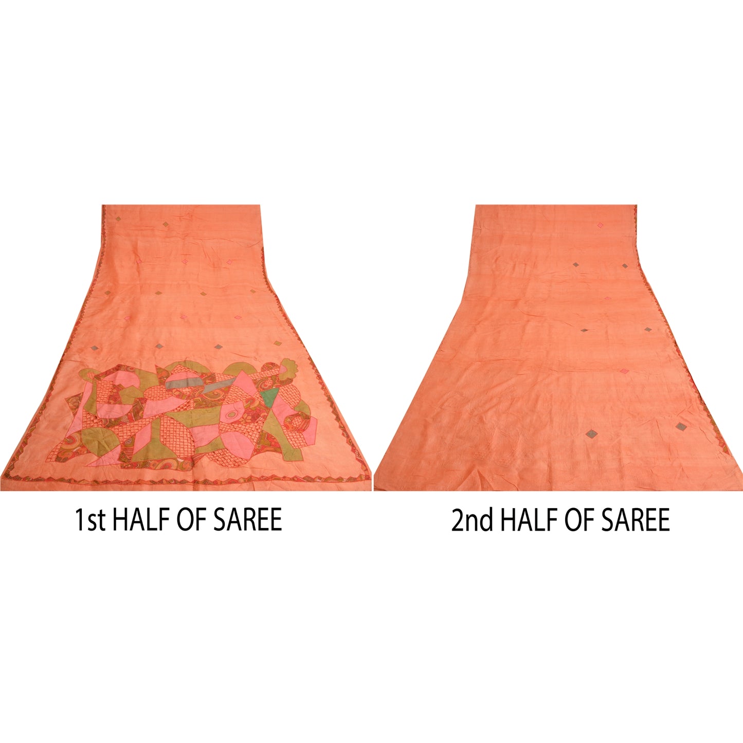 Sanskriti Vintage Peach Indian Saree Pure Silk Embroidered Craft Fabric Sari