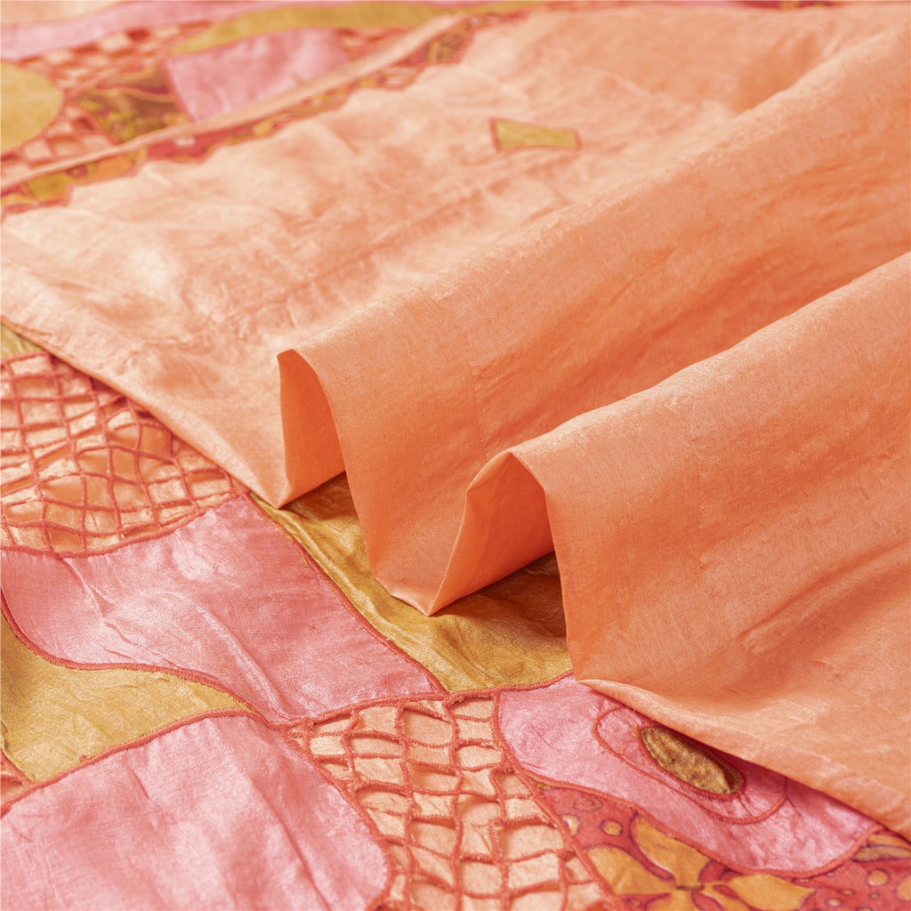 Sanskriti Vintage Peach Indian Saree Pure Silk Embroidered Craft Fabric Sari
