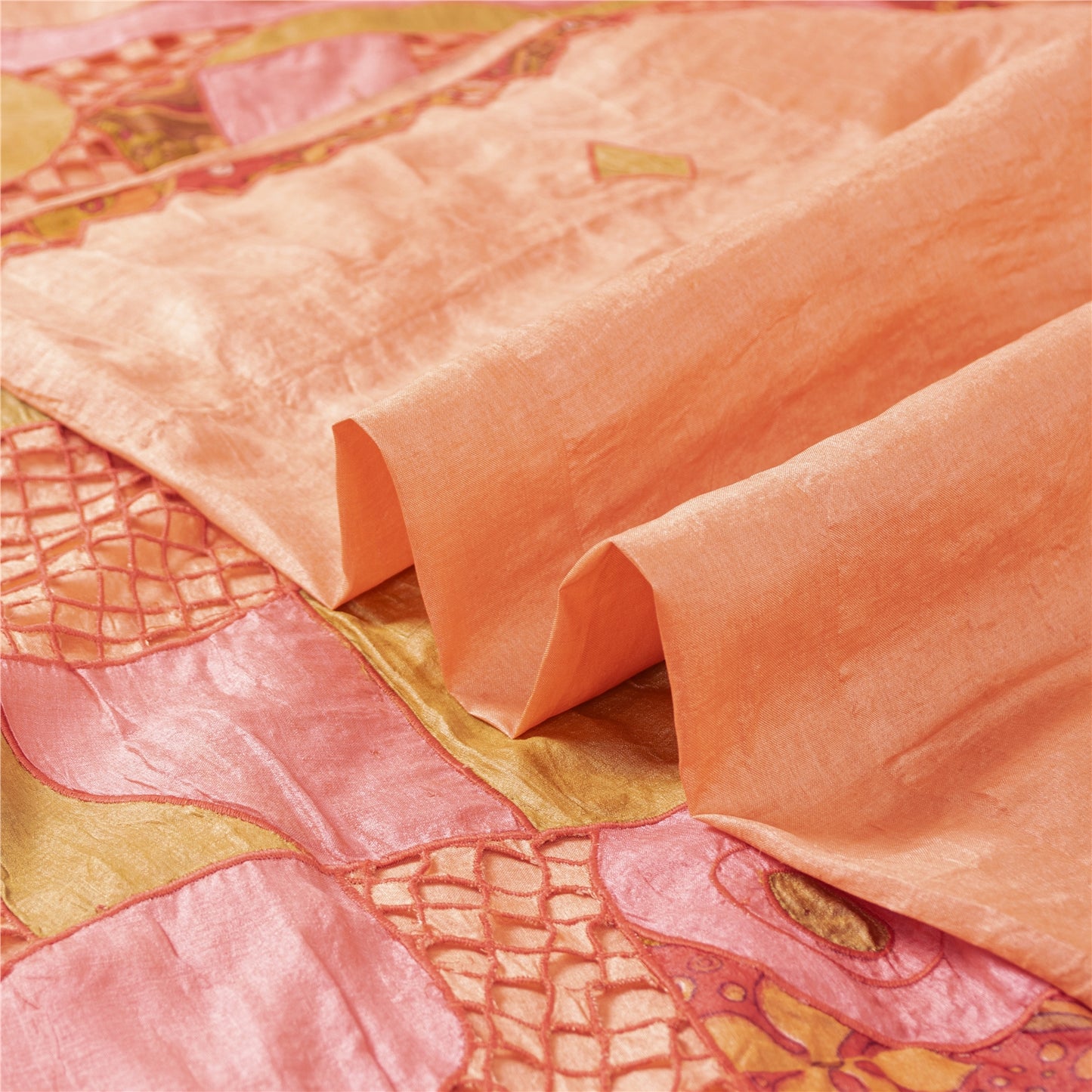 Sanskriti Vintage Peach Indian Saree Pure Silk Embroidered Craft Fabric Sari