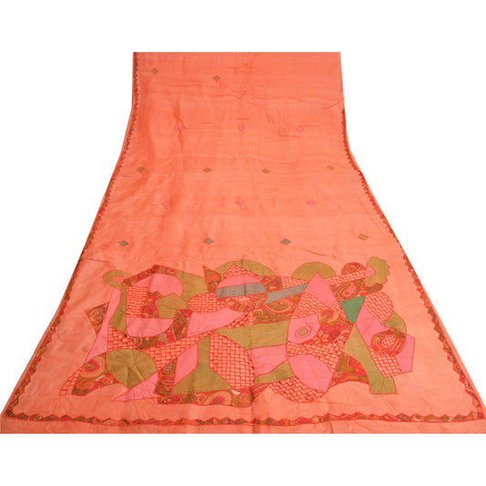 Sanskriti Vintage Peach Indian Saree Pure Silk Embroidered Craft Fabric Sari