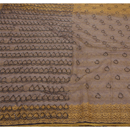 Sanskriti Vintage Black Sarees Net Mesh Hand Beaded Woven Craft Fabric Sari