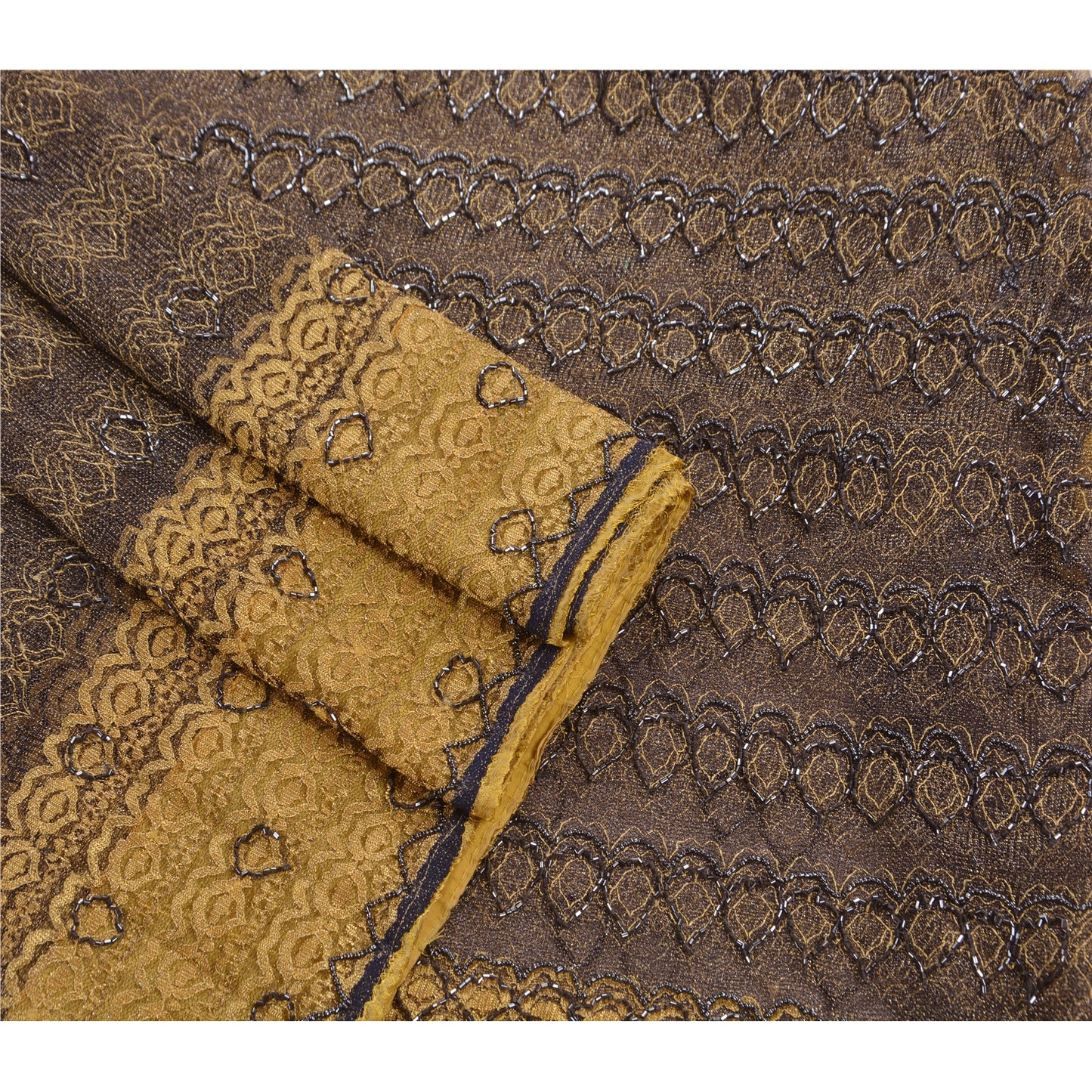 Sanskriti Vintage Black Sarees Net Mesh Hand Beaded Woven Craft Fabric Sari